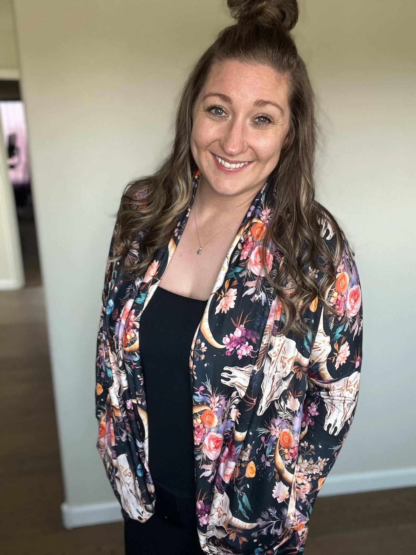 Women's Cocoon Cardigan | Skull & Floral on Navy