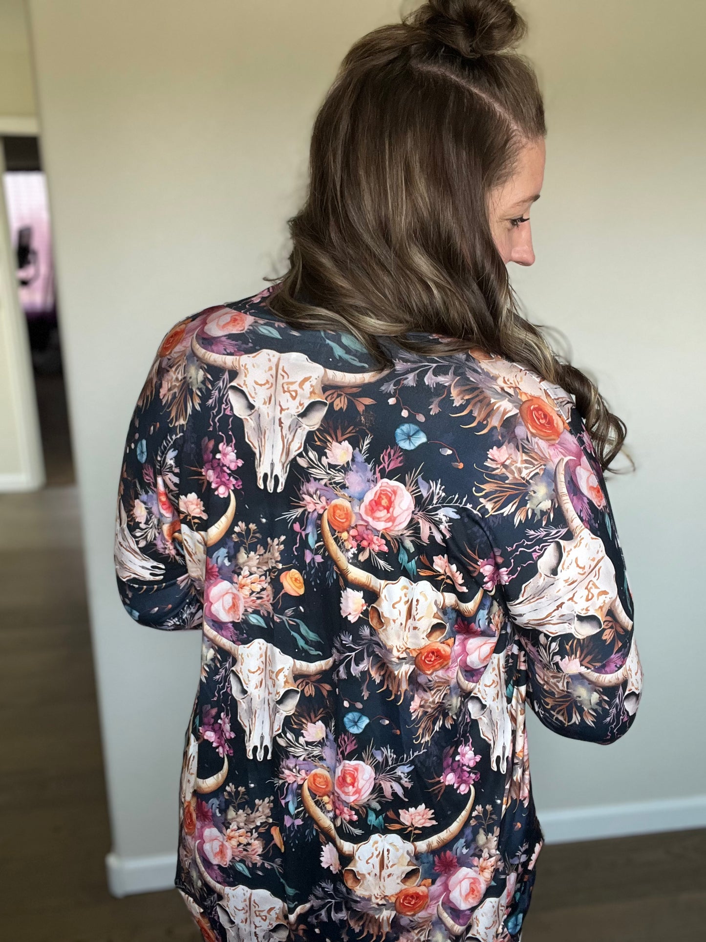 Women's Cocoon Cardigan | Skull & Floral on Navy