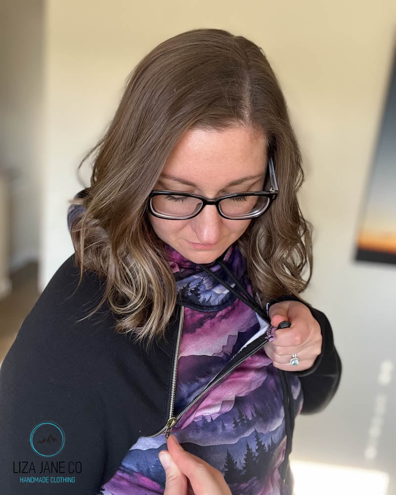 Zipper Nursing Hoodie | Purple Linen Mountains and black on Body {Made to Order}