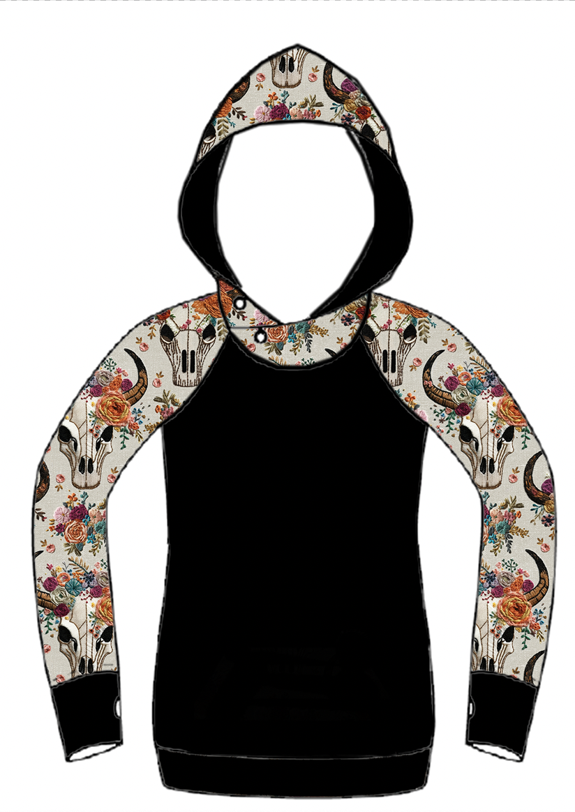 Women's Hoodie | Vibrant Embroidered Skull Print and black on Body {Made to Order}