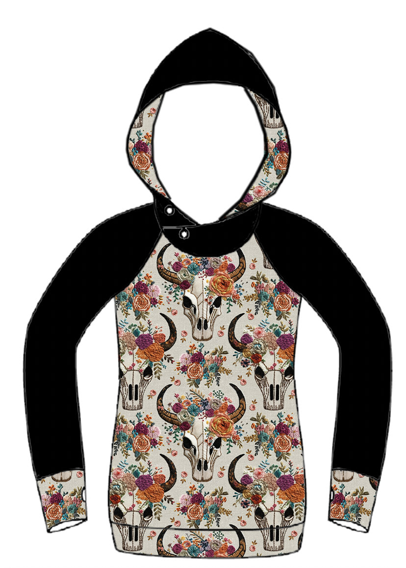 Women's Hoodie | Embroidered Skull Print and black on sleeves {Made to Order}
