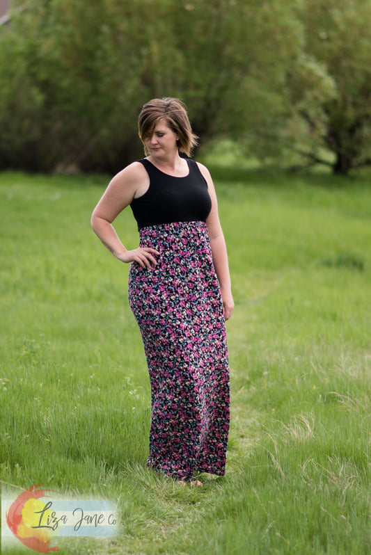 Women's Dress | Floral on Black Maxi Tank Dress {X-Large Tall}