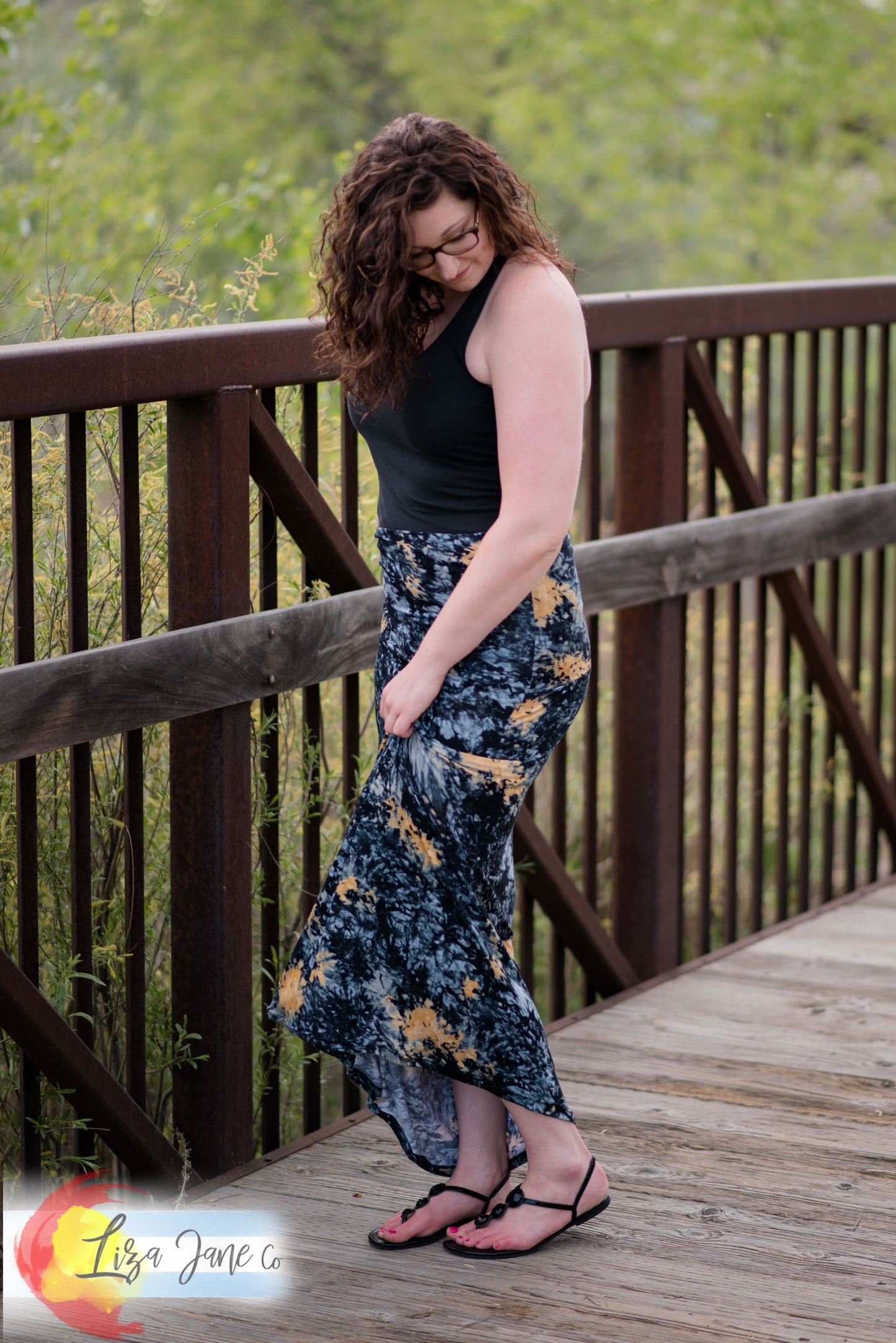 Women's Skirt | Sunflower on Black Tie Dye Maxi Skirt {X-Large}