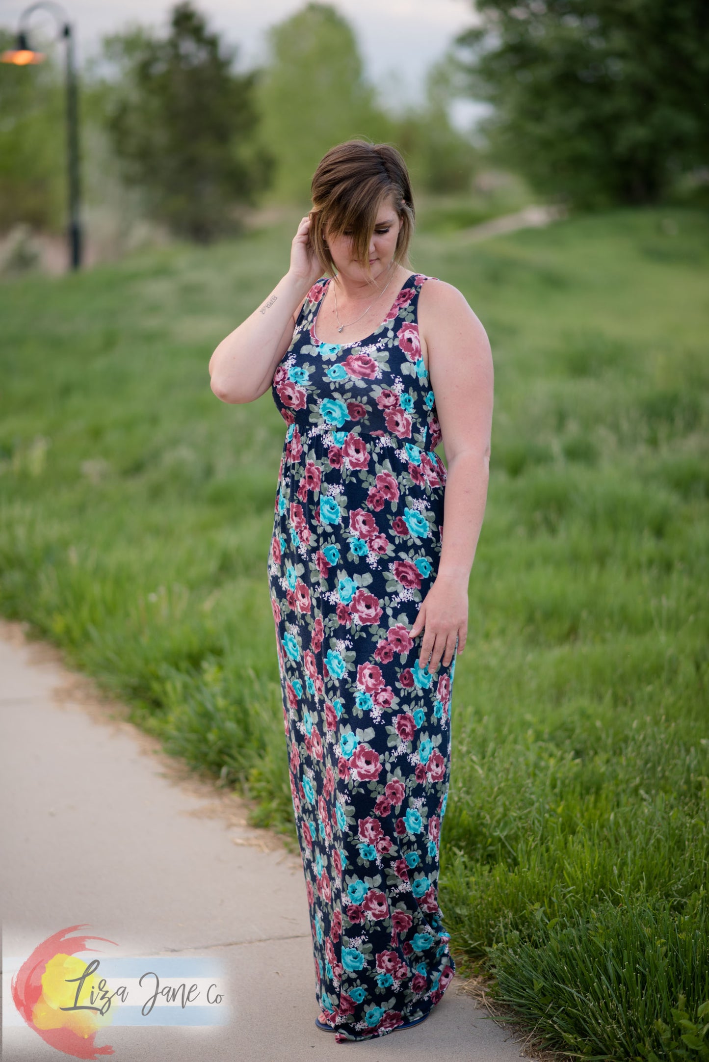 Women's Dress | Floral on Blue Maxi Tank Dress {X-Large Tall}