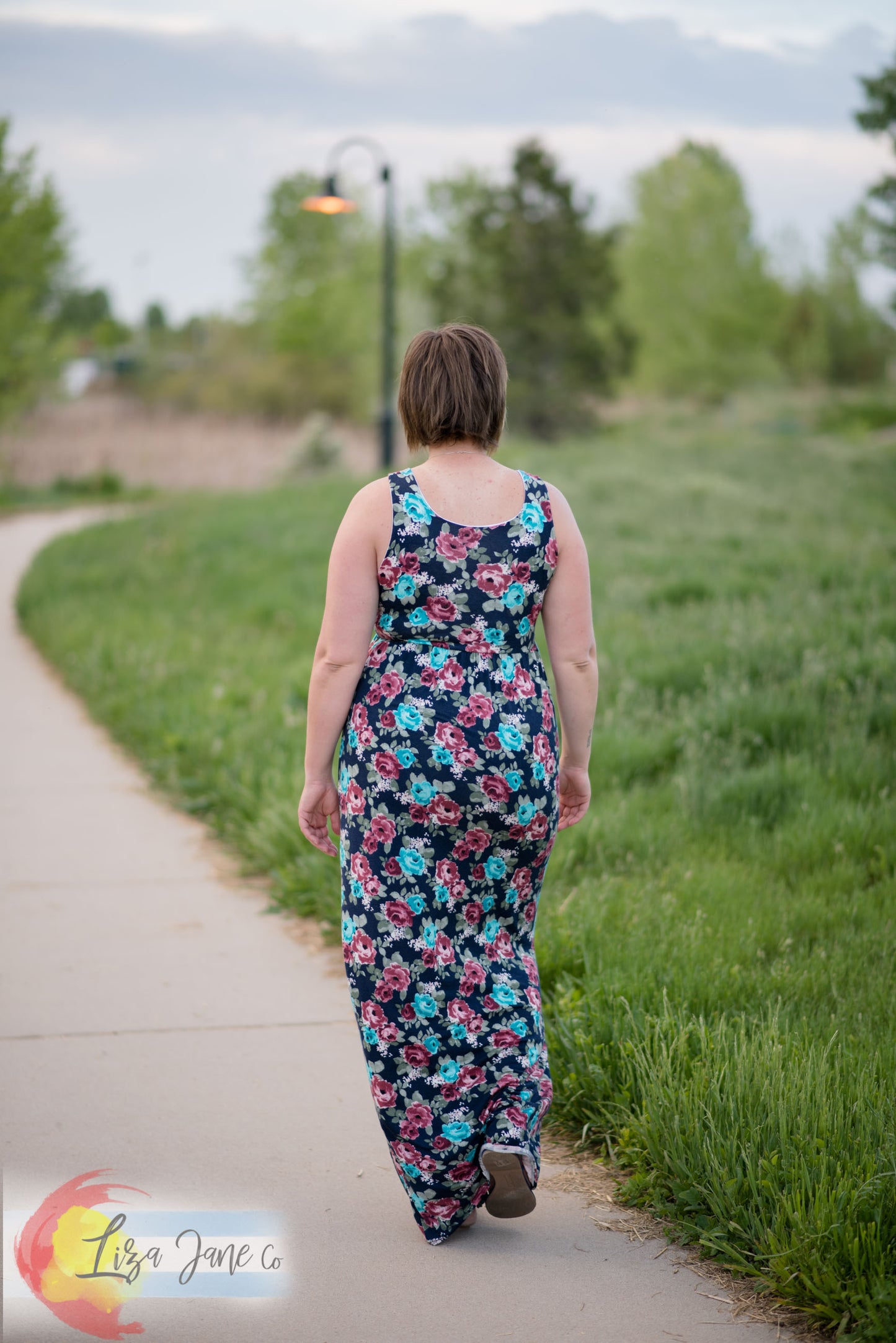 Women's Dress | Floral on Blue Maxi Tank Dress {X-Large Tall}