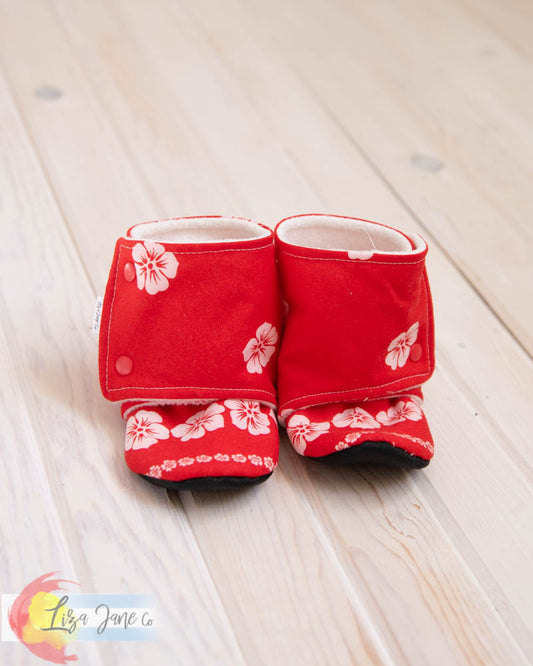 Stay-on Baby Booties |  Hawaiian Print on Red {12-18 Mo}