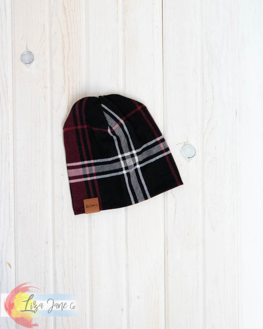 Slouchy Beanie - Black/Burgandy Plaid {3-9 Mo}