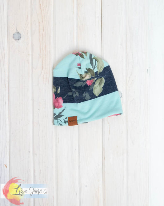 Slouchy Beanie - Stripes on floral {3-9 Mo}