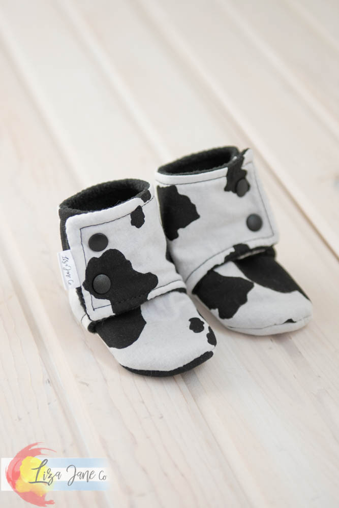 Stay-on Baby Booties |  Small Cow print on White