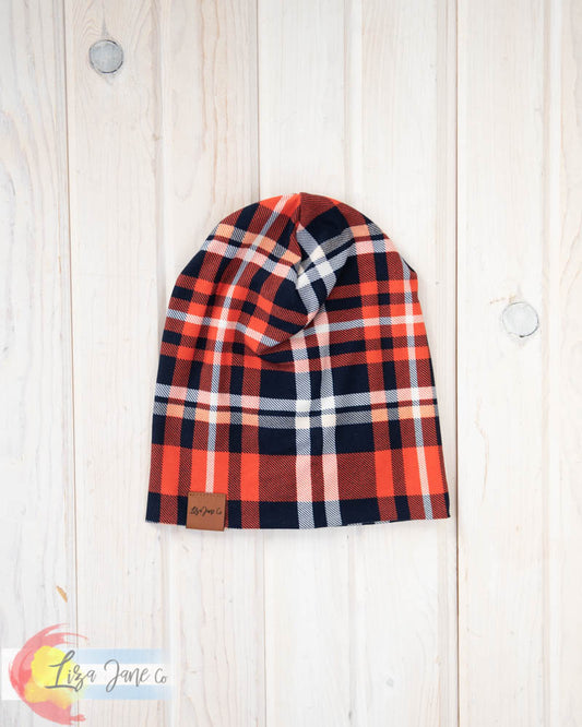 Slouchy Beanie - Blue/Orange Plaid