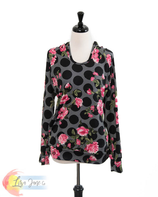 Women's Seaside Hoodie | Pink Floral and Polka Dots on Black {XX-Large}