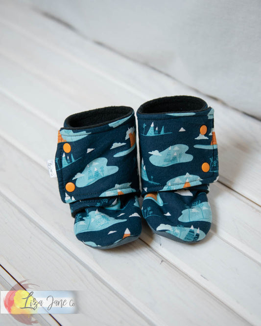 Stay-on Baby Booties |  Camping/mountains on Navy
