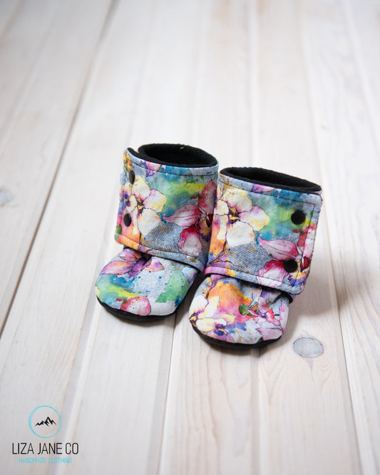 Stay-on Baby Booties |  Watercolor floral on denim
