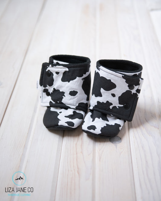 Stay-on Baby Booties |  Small Cow print on White