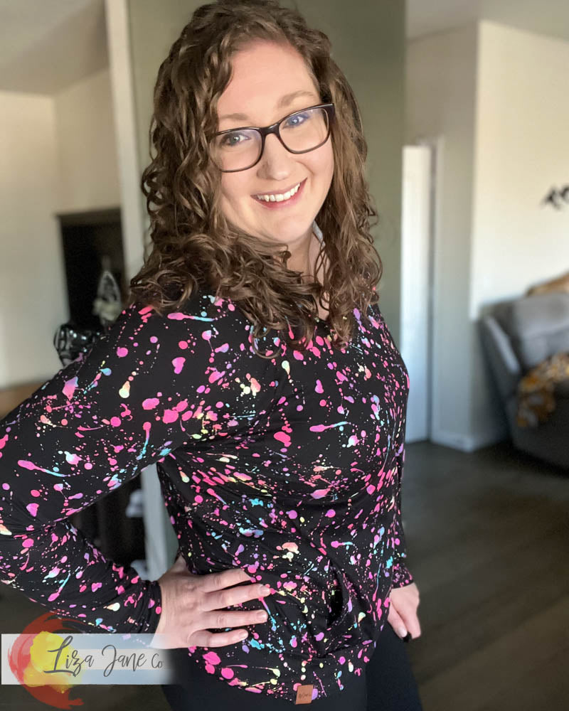 Women's Seaside Hoodie | Pink Floral and Polka Dots on Black {XX-Large}