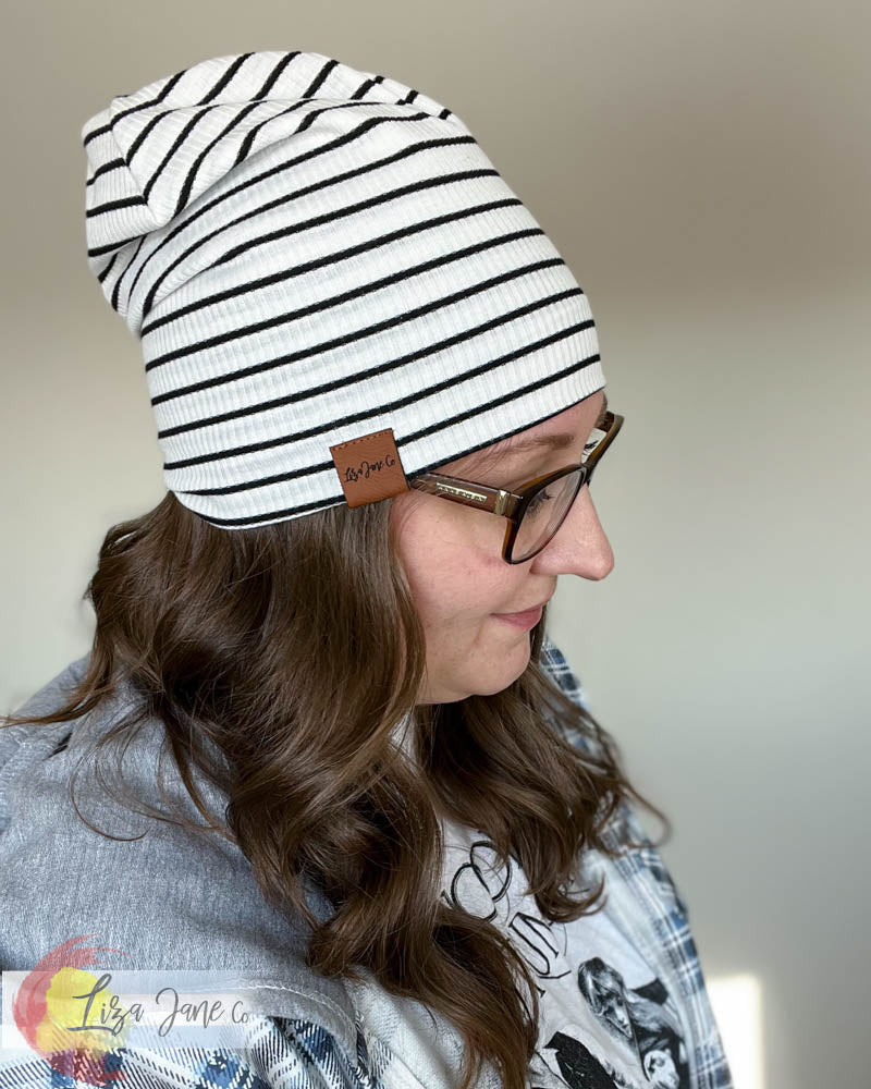 Slouchy Beanie - Black & White striped Ribbed