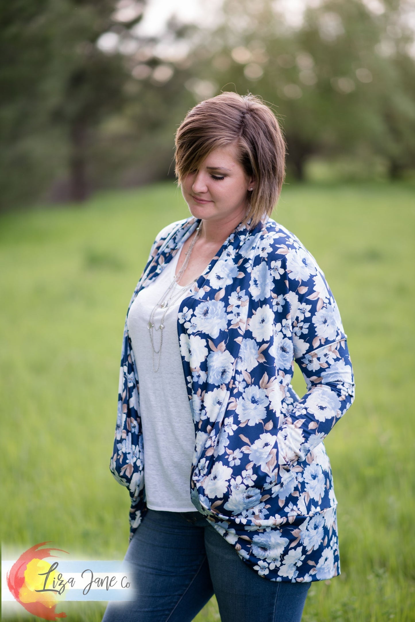 Women's Cocoon Cardigan | Blue and Pink Floral on Navy {Medium}