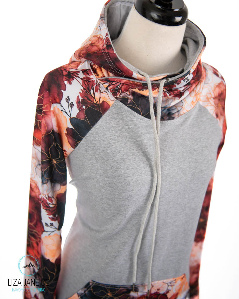 Women's Hoodie | Fall Floral Alcohol Ink and grey on Body {Made to Order}