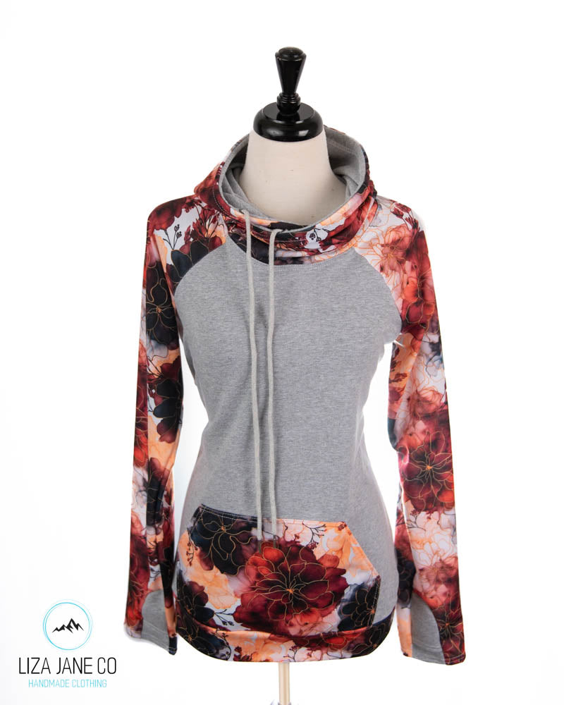 Women's Hoodie | Fall Floral Alcohol Ink and grey on Body {Made to Order}