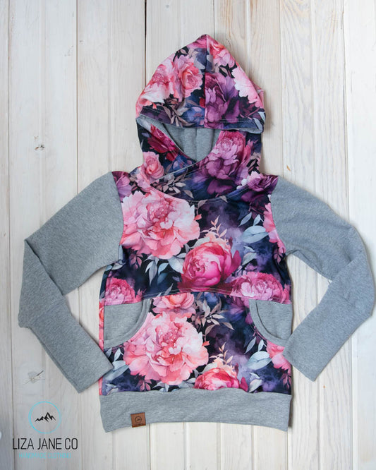 Grow with Me Hoodie | Pink & Purple peonies & Grey Sleeves
