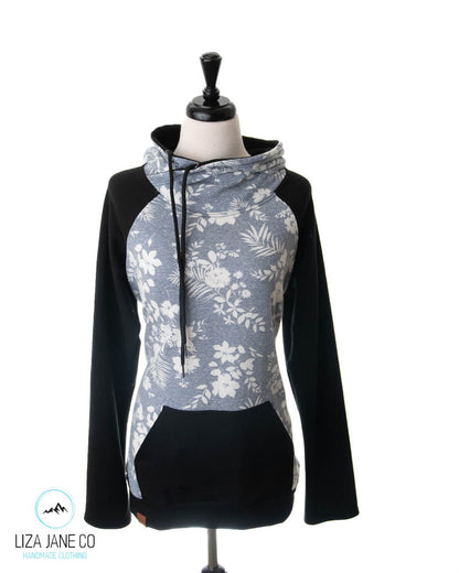 Women's Hoodie | White Floral on Blue & Black {X-Large}