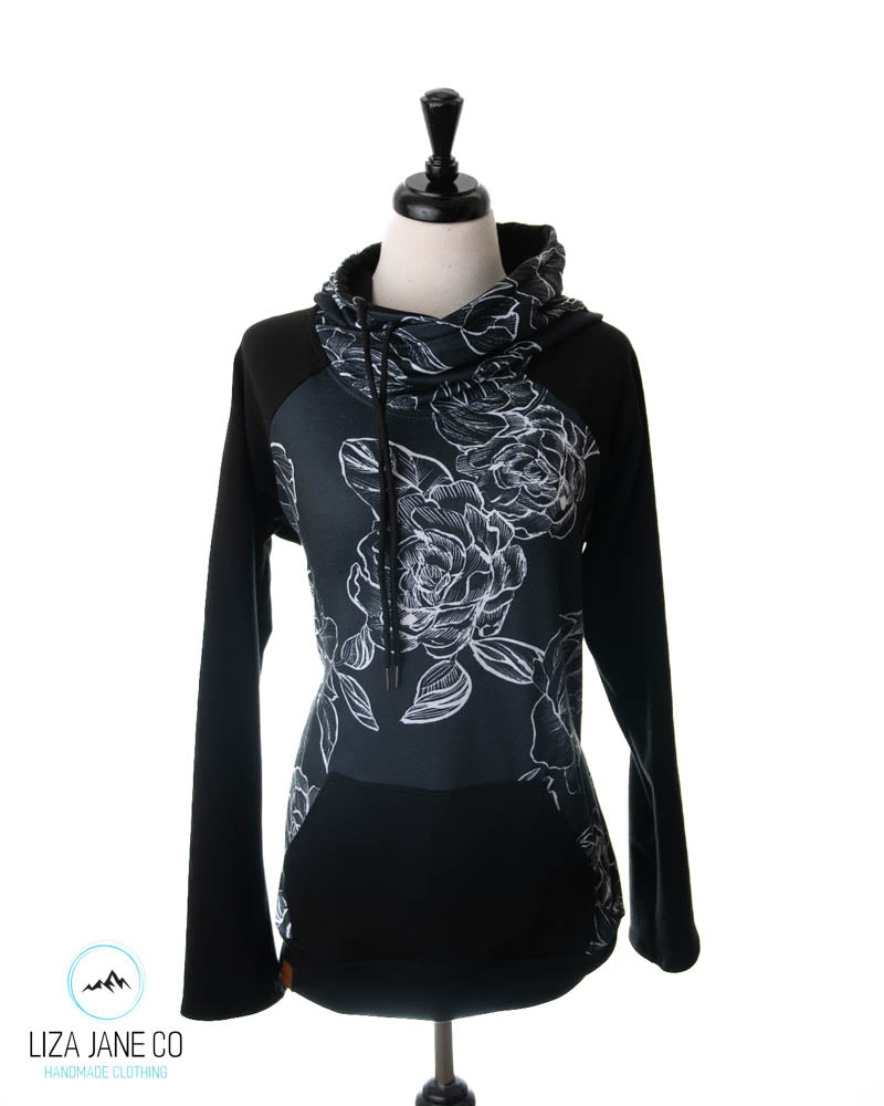 Women's Hoodie | White Floral outline on black & Black {X-Large}