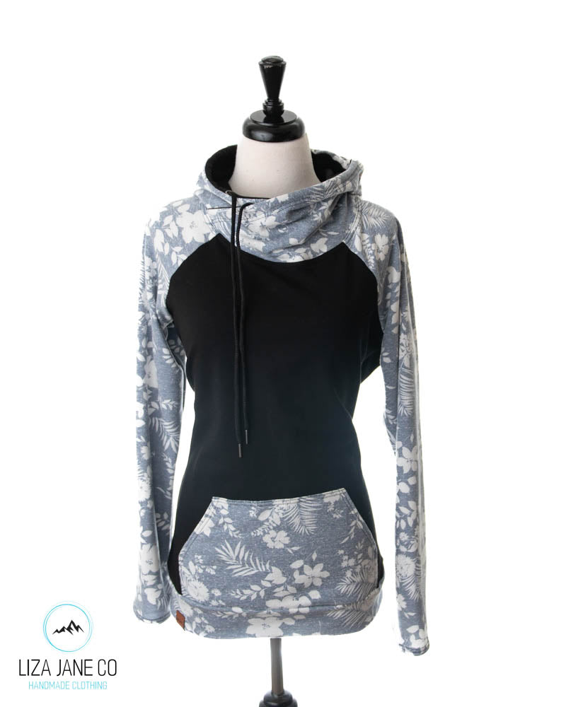 Women's Hoodie | White Floral on Blue & Black {Large}