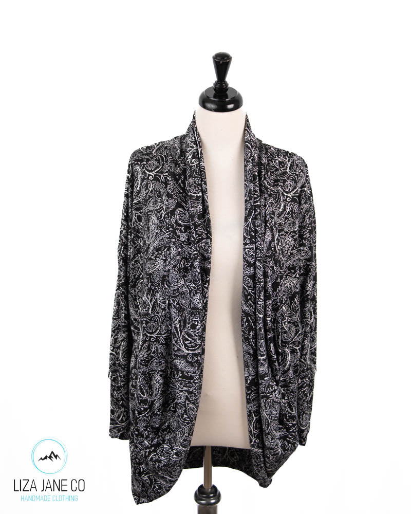 Women's Cocoon Cardigan | White Paisley on Black