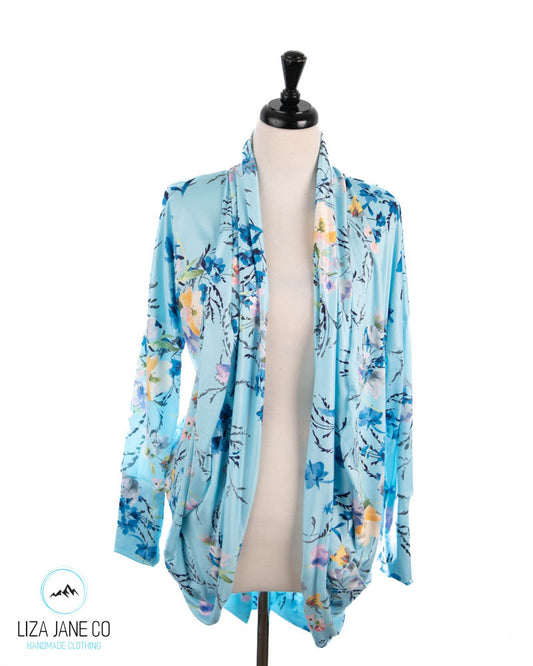 Women's Cocoon Cardigan | Floral on Light Blue