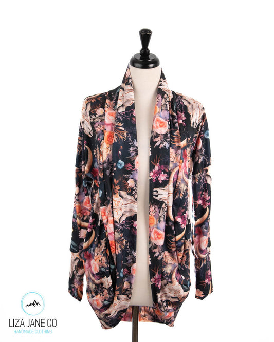 Women's Cocoon Cardigan | Skull & Floral on Navy