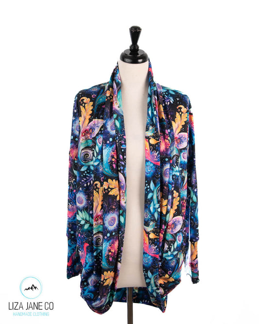 Women's Cocoon Cardigan | Pink, Purple, & Blue Paisley on Black