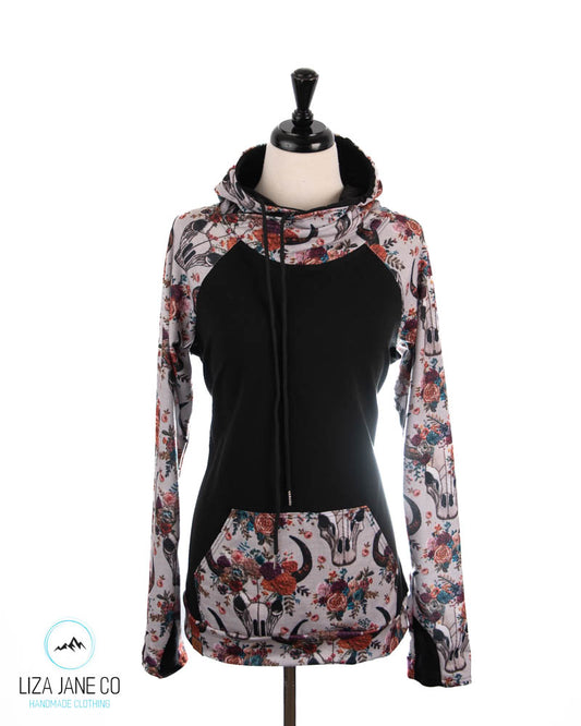 Women's Hoodie | Vibrant Embroidered Skull Print and black on Body {Made to Order}