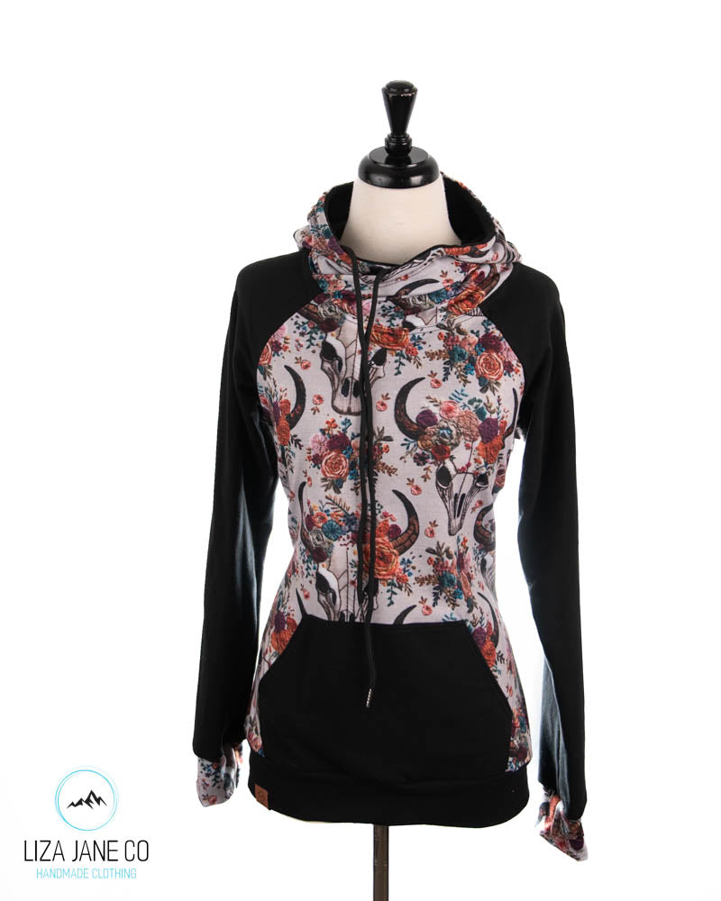 Women's Hoodie | Vibrant Embroidered Skull Print and black on Sleeves {Made to Order}