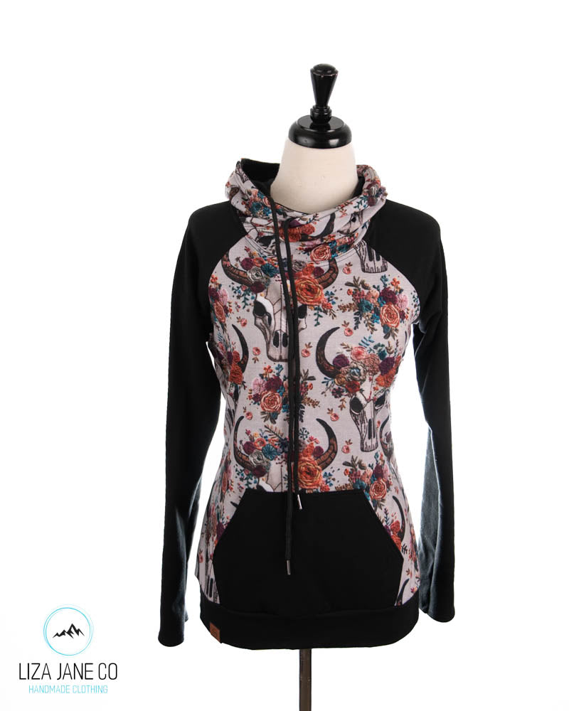 Women's Hoodie | Vibrant Embroidered Skull Print and black on Sleeves {Made to Order}