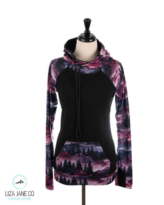 Women's Hoodie | Purple Linen Mountains and black on Body {Made to Order}