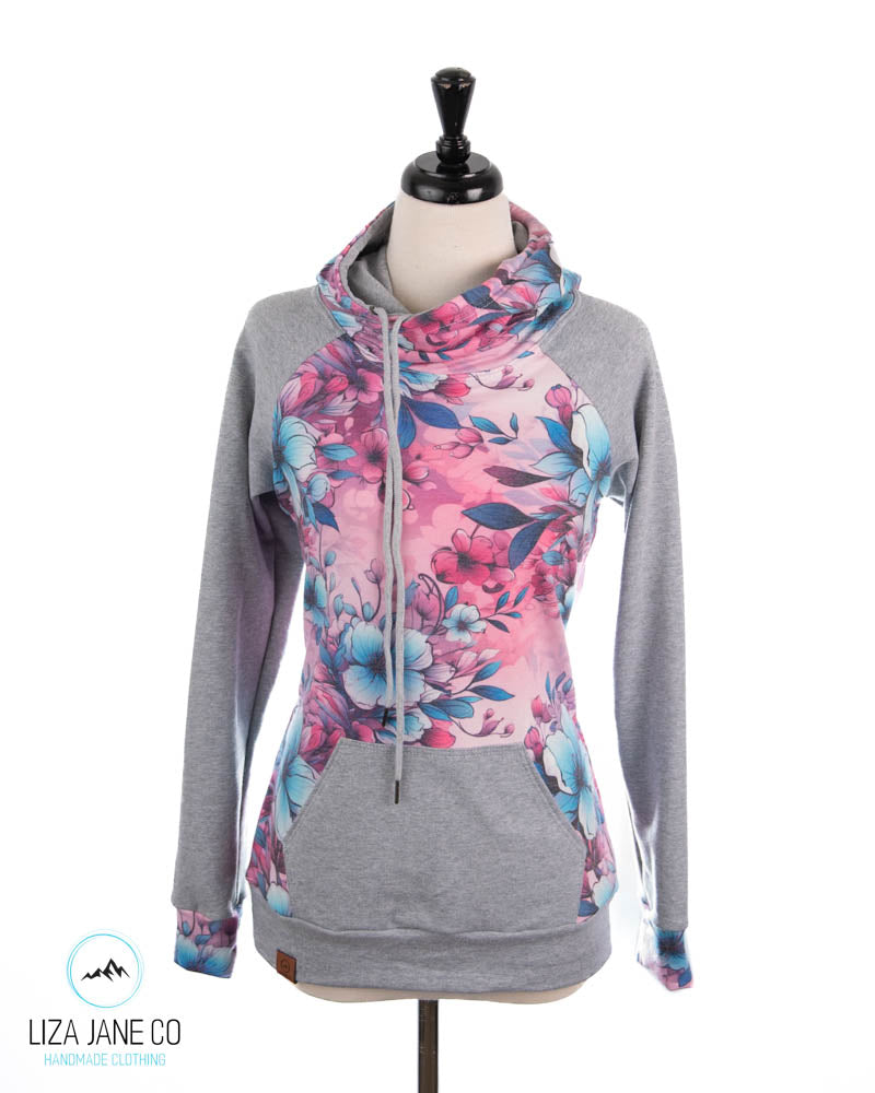 Women's Hoodie | Pink/Aqua Floral and Grey on Sleeves {Made to Order}