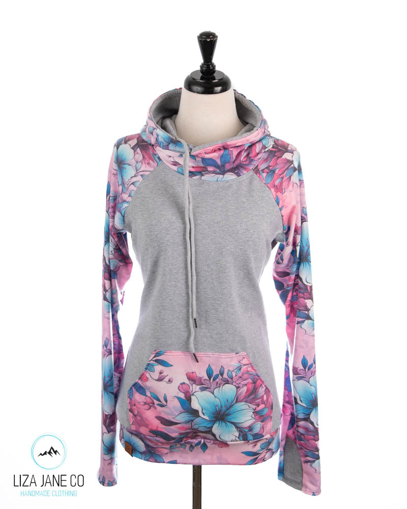 Women's Hoodie | Pink/Aqua Floral and Grey on Body {Made to Order}