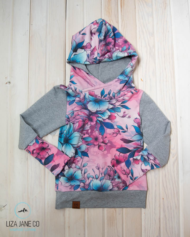 Grow with Me Hoodie | Pink/aqua Floral & Grey Sleeves