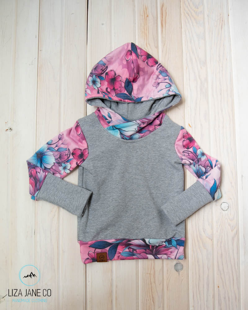 Grow with Me Hoodie | Pink/aqua Floral & Grey Body