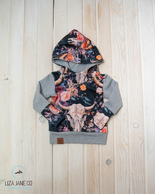 Grow with Me Hoodie | Vibrant Floral skull on Navy & Grey Sleeves