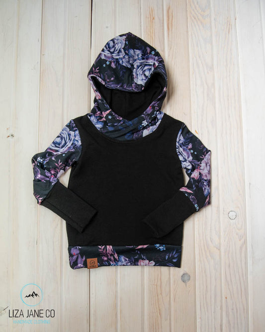 Grow with Me Hoodie | Purple Floral on Black & Black Body