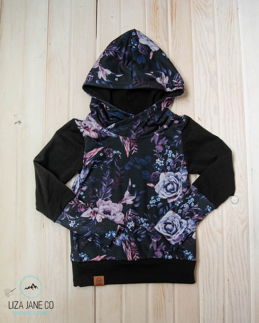 Grow with Me Hoodie | Purple Floral on Black & Black Sleeves