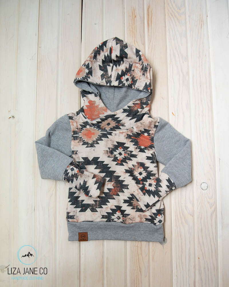 Grow with Me Hoodie | Natural/Earthy Aztec & Grey Sleeves