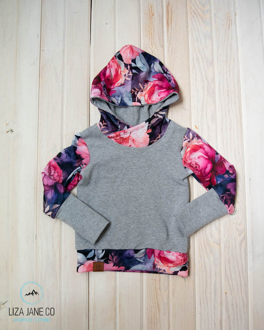 Grow with Me Hoodie | Pink & Purple peonies & Grey Body