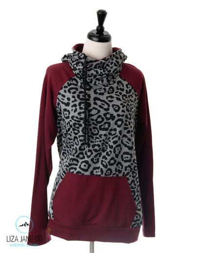 Women's Hoodie | Leopard on grey and Burgandy {X-Large}
