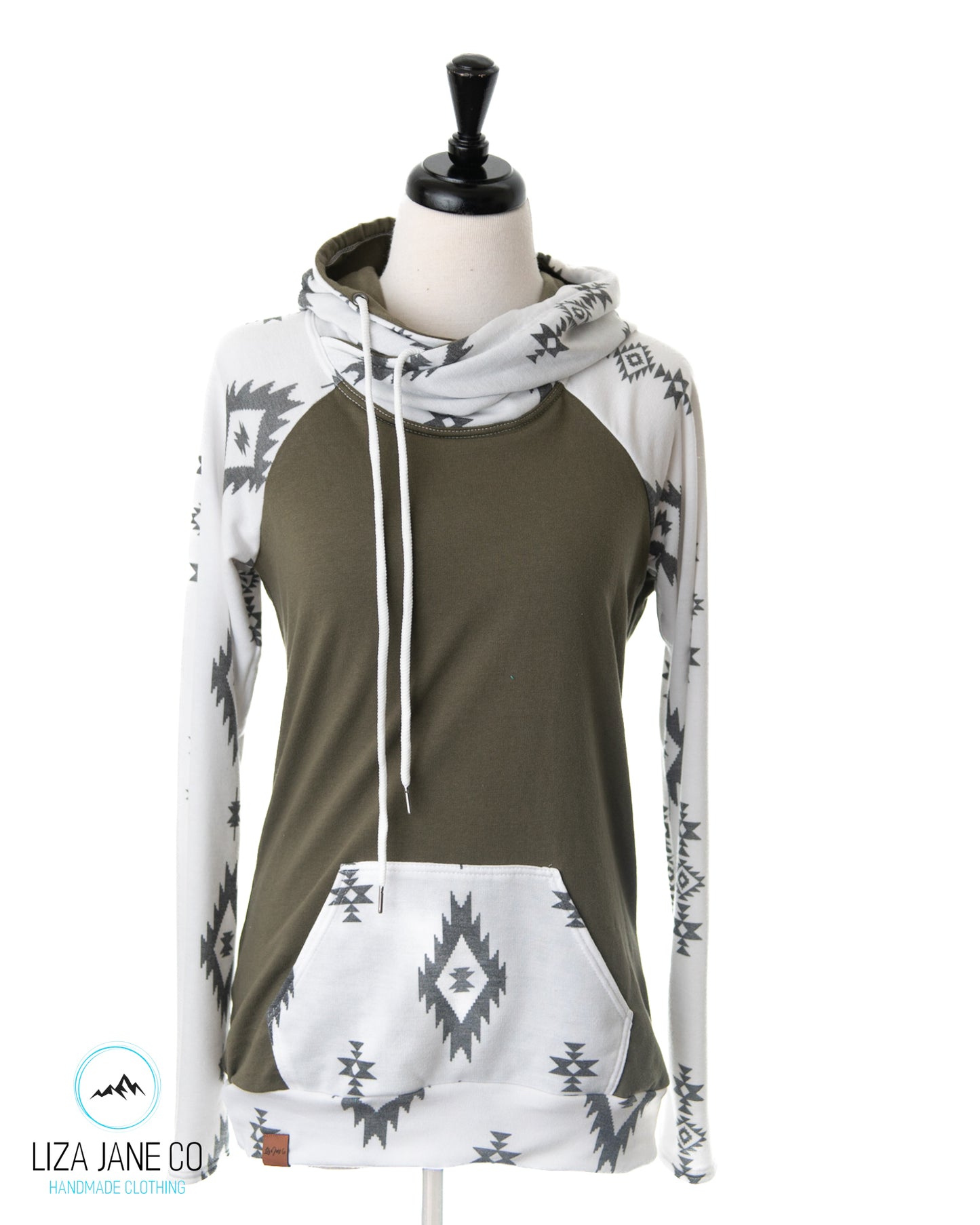 Women's Hoodie | Olive and Charcoal Aztec on White {Small}