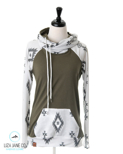 Women's Hoodie | Olive and Charcoal Aztec on White {Small}