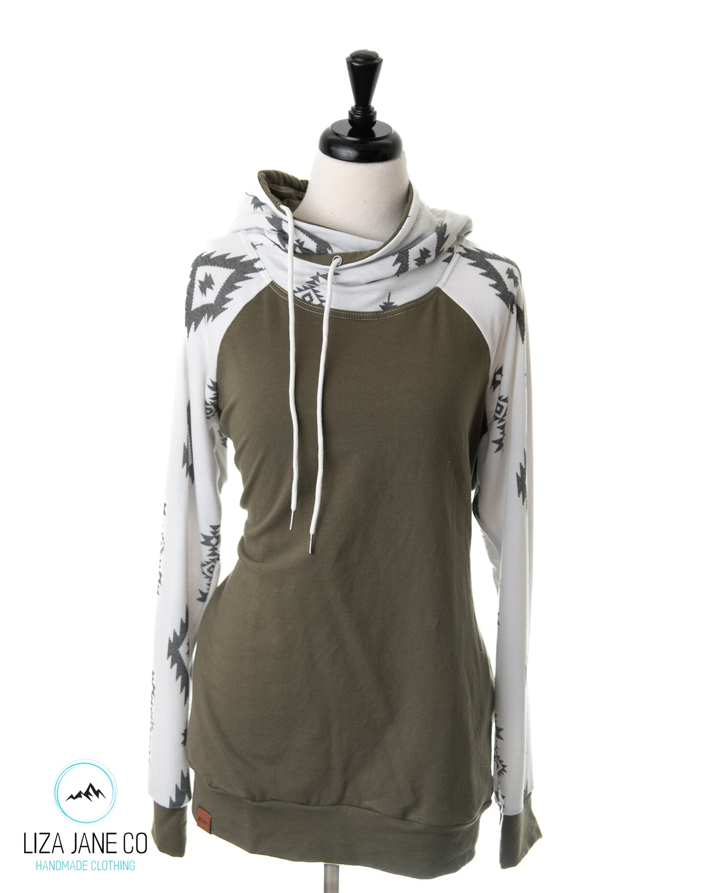 Women's Hoodie | Olive and Charcoal Aztec on White {X-Large}