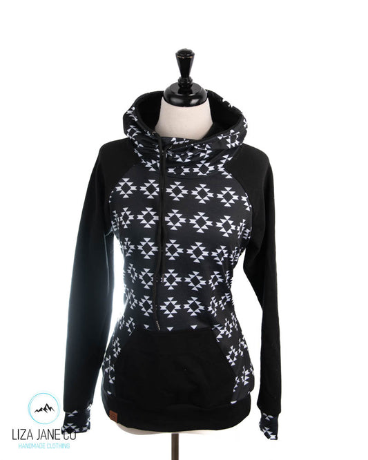 Women's Hoodie | White Aztec on black with Black on Sleeves