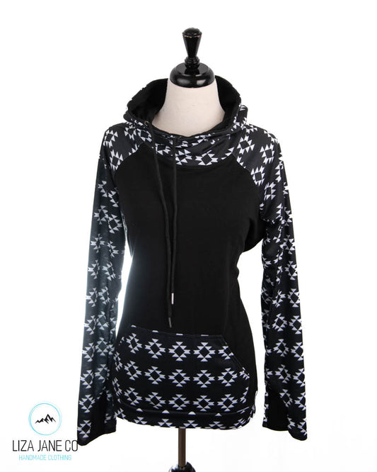 Women's Hoodie | White Aztec on black with Black on Body